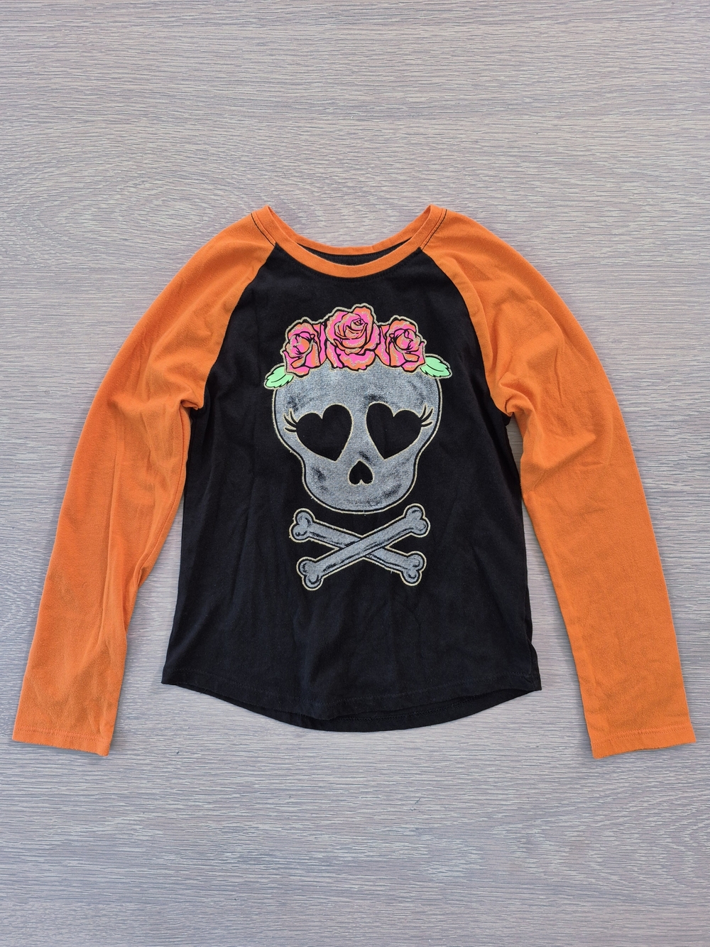 Girls' Black & Orange Raglan Long-Sleeve Skull Tee